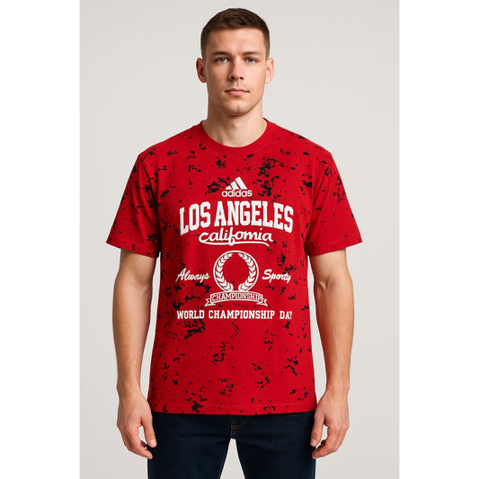 Adidas Designer Streetwear Tee – Red with Bold Puff Print Detailing