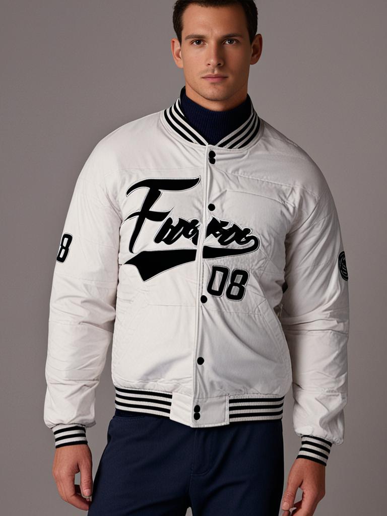Saint Moritz "Five Star" Heritage Edition: Men’s Luxury Collegiate Bomber Jacket in Alpine White