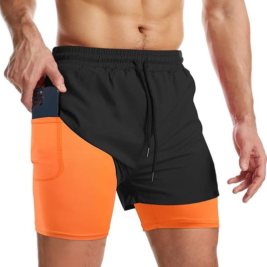 SURENOW MENS 2 IN 1 RUNNING SHORT QUICK DRI ATHLETIC SHORTS WITH ZIP POCKETS BLACK ORANGE SIZE S