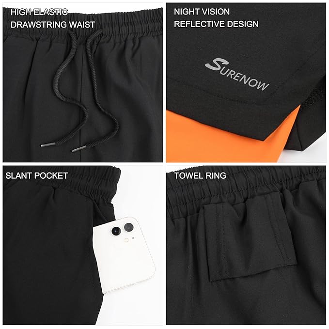 SURENOW MENS 2 IN 1 RUNNING SHORT QUICK DRI ATHLETIC SHORTS WITH ZIP POCKETS BLACK ORANGE SIZE S