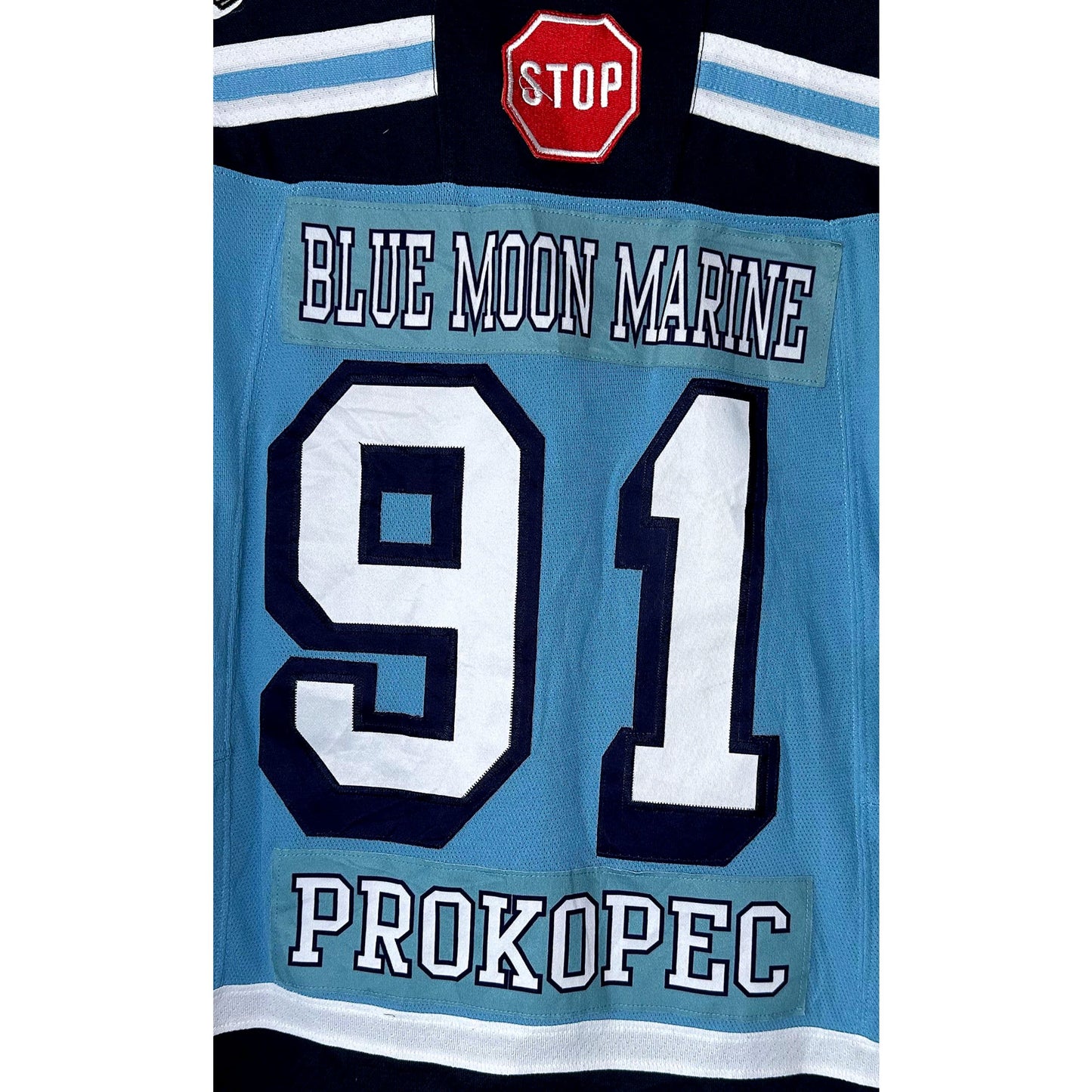 BARRIE BLUE MOON MARINE PROKOPEC NO 91 SIZE- M -ICE HOCKEY JERSEYS