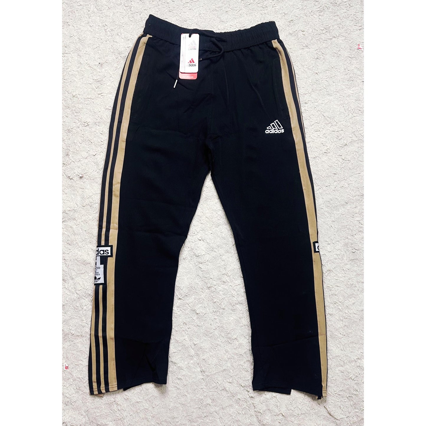 ADIDAS MEN'S BLACK TRACK PANTS WITH SIDE BUTTONS | CLASSIC THREE STRIPES CASUAL SPORTSWEAR TROUSERS