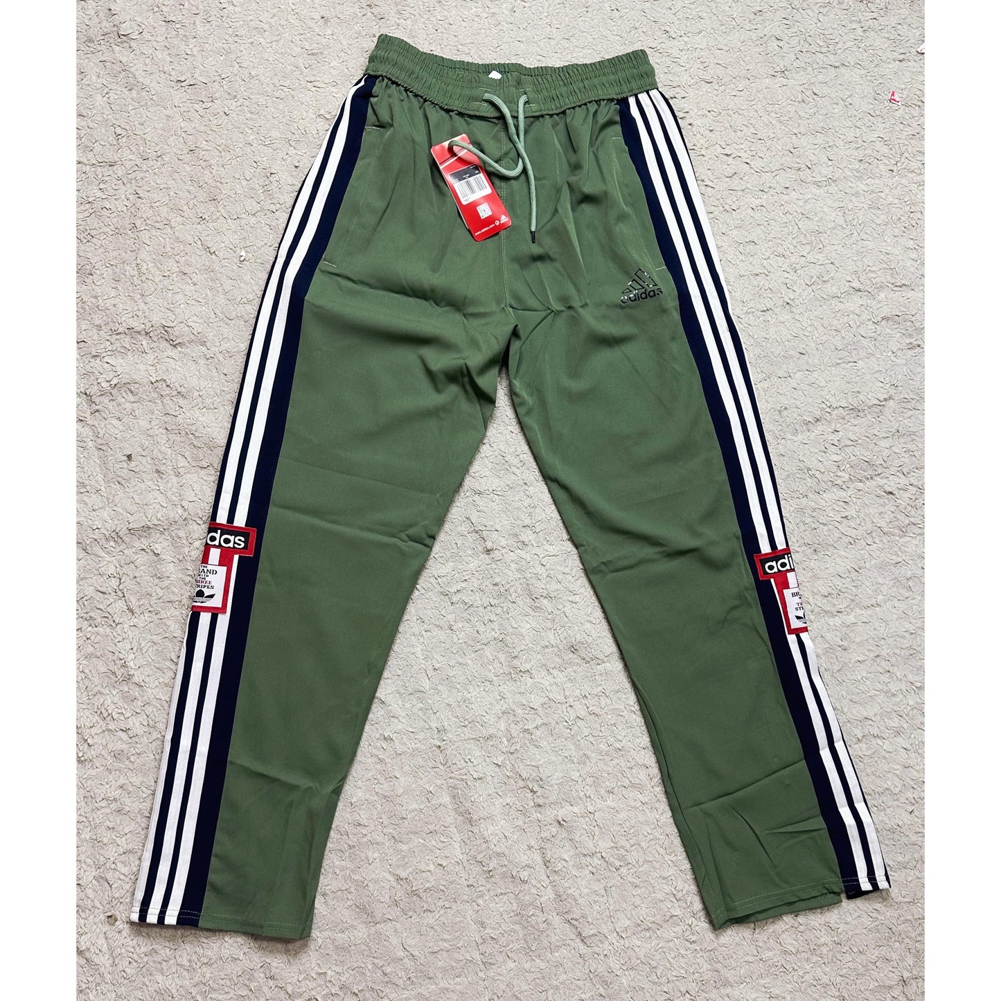ADIDAS MEN'S GREEN TRACK PANTS WITH SIDE BUTTONS | CLASSIC THREE STRIPES CASUAL SPORTSWEAR TROUSERS