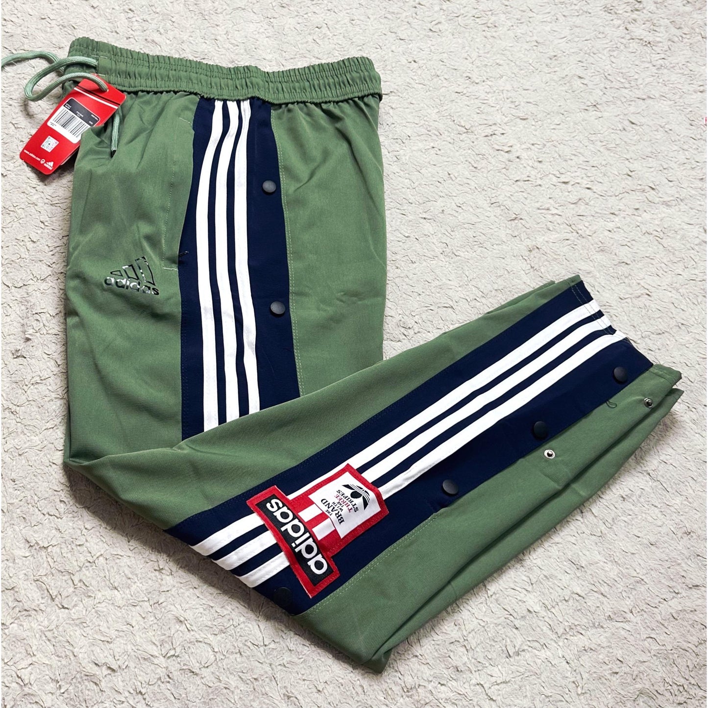 ADIDAS MEN'S GREEN TRACK PANTS WITH SIDE BUTTONS | CLASSIC THREE STRIPES CASUAL SPORTSWEAR TROUSERS