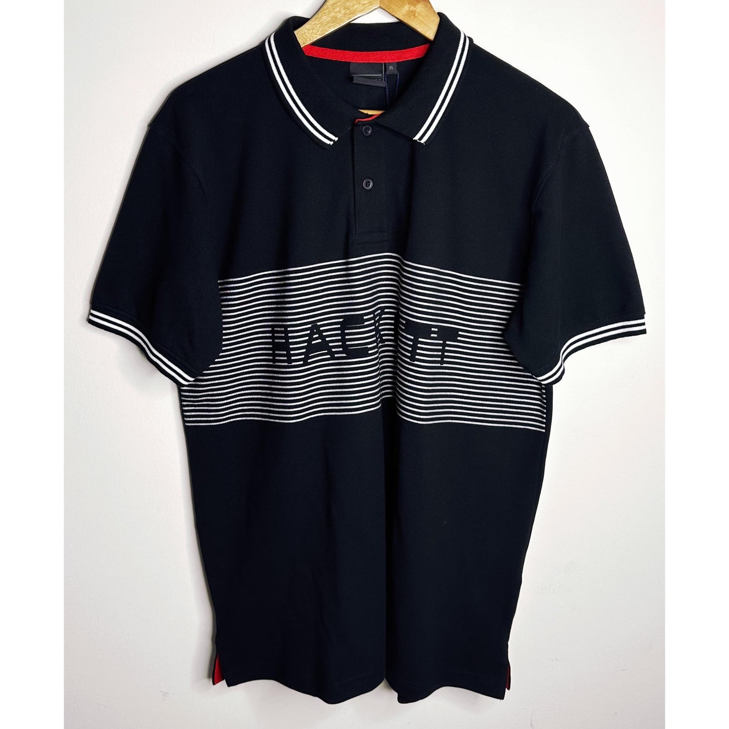 Hackett London Polo – Black with Signature Striped Panel Detailing