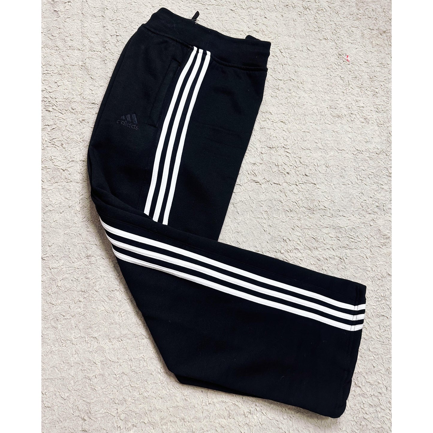 ADIDAS MEN’S PREMIUM COTTON (THREE THREADS FLES)TRACK PANTS – BLACK WITH WHITE STRIPES | ATHLEISURE JOGGERS | COMFORT FIT SPORTSWEAR
