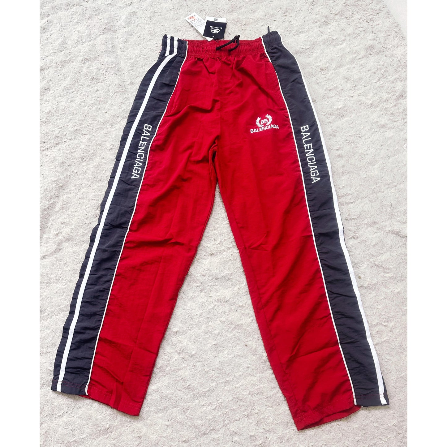 BALENCIAGA MEN'S TRACK PANTS | RED & BLACK SIDE STRIPE JOGGERS | LOGO PRINT| CASUAL SPORTSWEAR