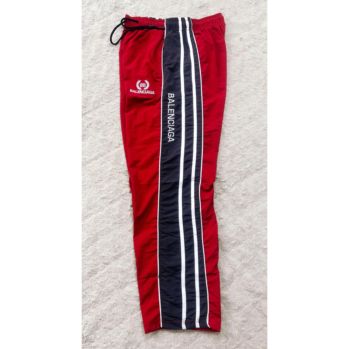 BALENCIAGA MEN'S TRACK PANTS | RED & BLACK SIDE STRIPE JOGGERS | LOGO PRINT| CASUAL SPORTSWEAR