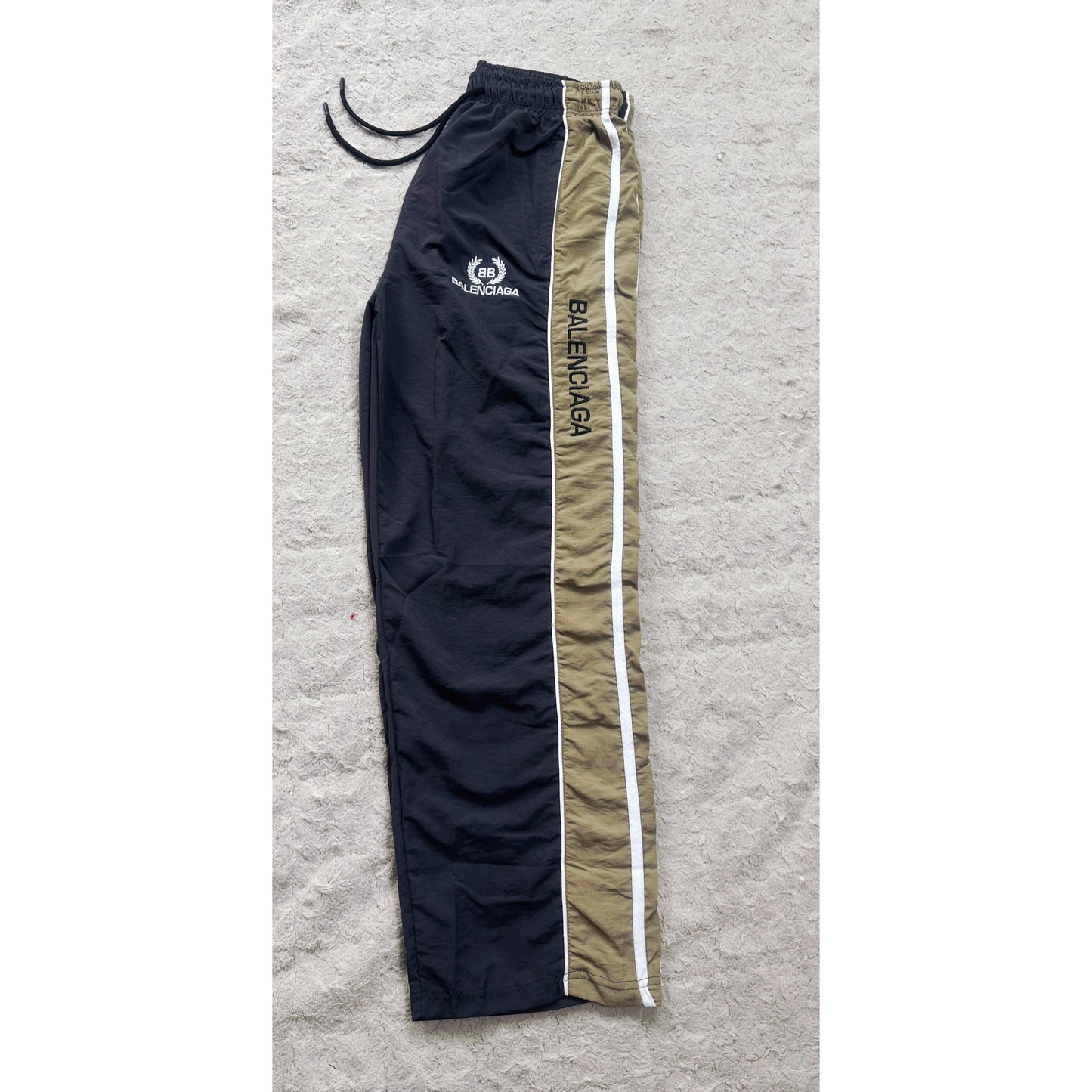 BALENCIAGA MEN'S TRACK PANTS | BLACK & BEIGE SIDE STRIPE JOGGERS | LOGO PRINT | CASUAL SPORTSWEAR