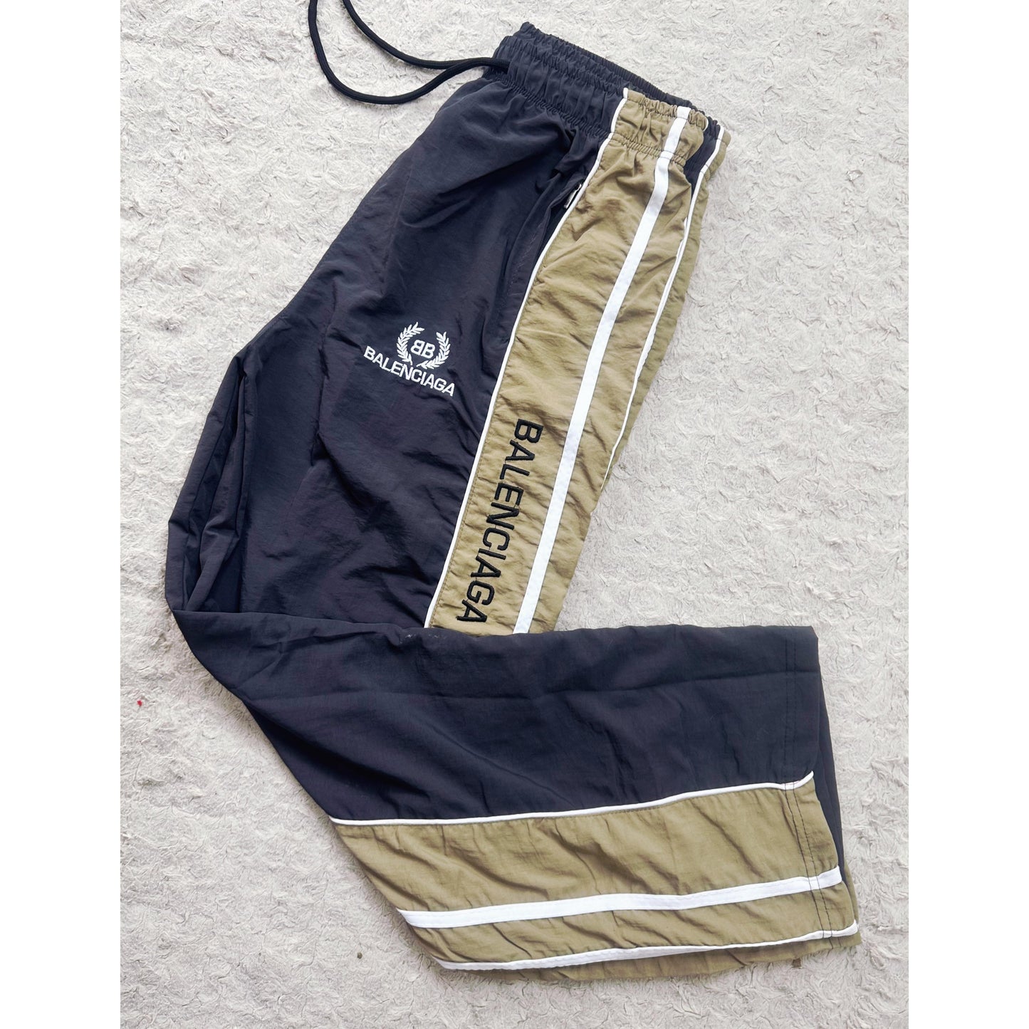 BALENCIAGA MEN'S TRACK PANTS | BLACK & BEIGE SIDE STRIPE JOGGERS | LOGO PRINT | CASUAL SPORTSWEAR