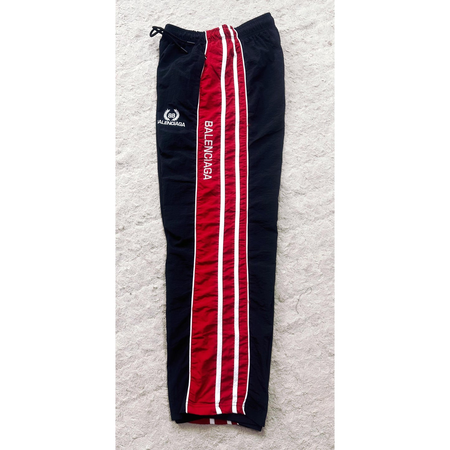 BALENCIAGA MEN'S TRACK PANTS | BLACK & RED SIDE STRIPE JOGGERS | LOGO PRINT  | CASUAL SPORTSWEAR