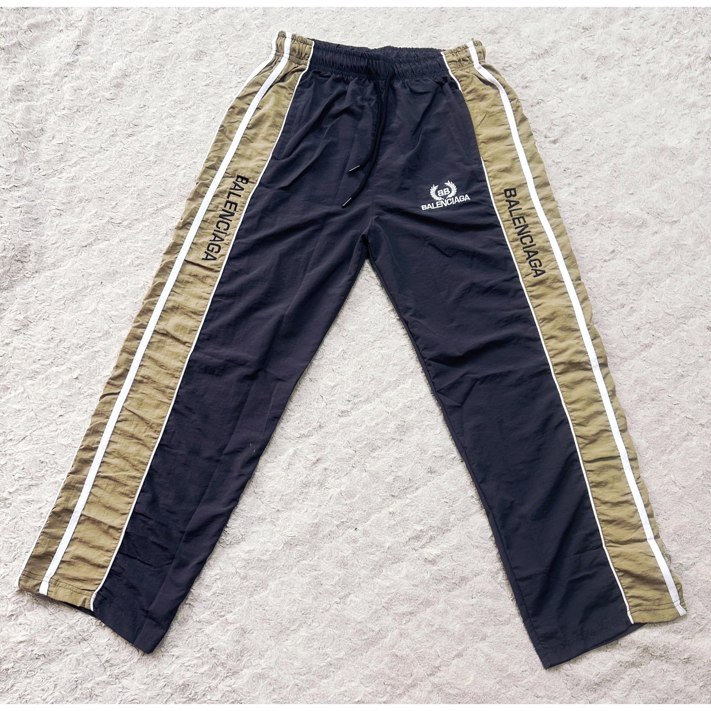 BALENCIAGA MEN'S TRACK PANTS | BLACK & BEIGE SIDE STRIPE JOGGERS | LOGO PRINT | CASUAL SPORTSWEAR