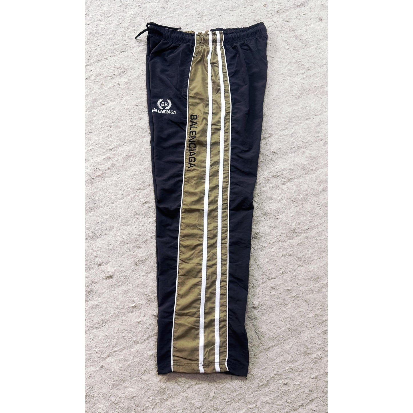 BALENCIAGA MEN'S TRACK PANTS | BLACK & BEIGE SIDE STRIPE JOGGERS | LOGO PRINT | CASUAL SPORTSWEAR