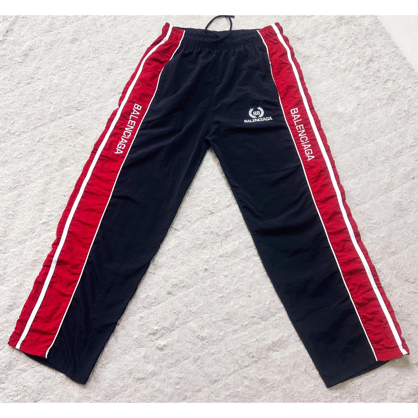 BALENCIAGA MEN'S TRACK PANTS | BLACK & RED SIDE STRIPE JOGGERS | LOGO PRINT  | CASUAL SPORTSWEAR