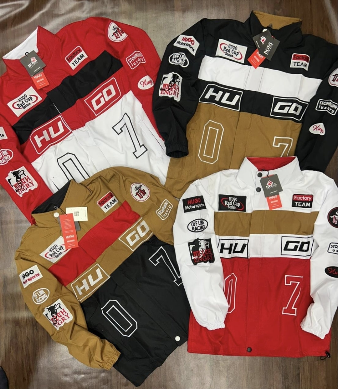 Luxury Hugo Boss Racing Jacket – Red with Brown & Black Panels | Water-Resistant Finish
