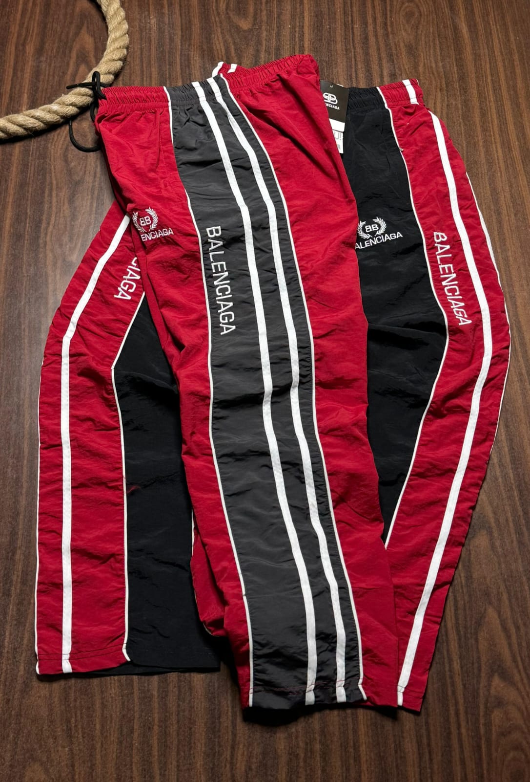 BALENCIAGA MEN'S TRACK PANTS | RED & BLACK SIDE STRIPE JOGGERS | LOGO PRINT| CASUAL SPORTSWEAR