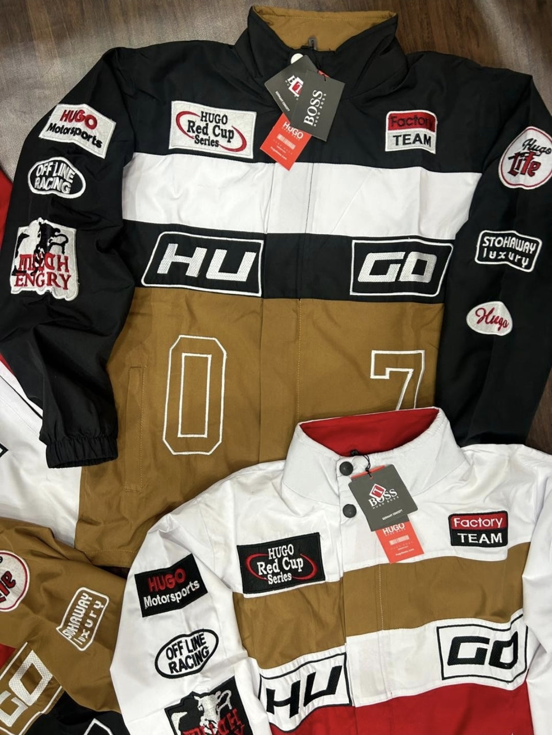 Luxury HUGO BOSS Racing Jacket – Premium Water-Repellent Style in Red, White & Brown