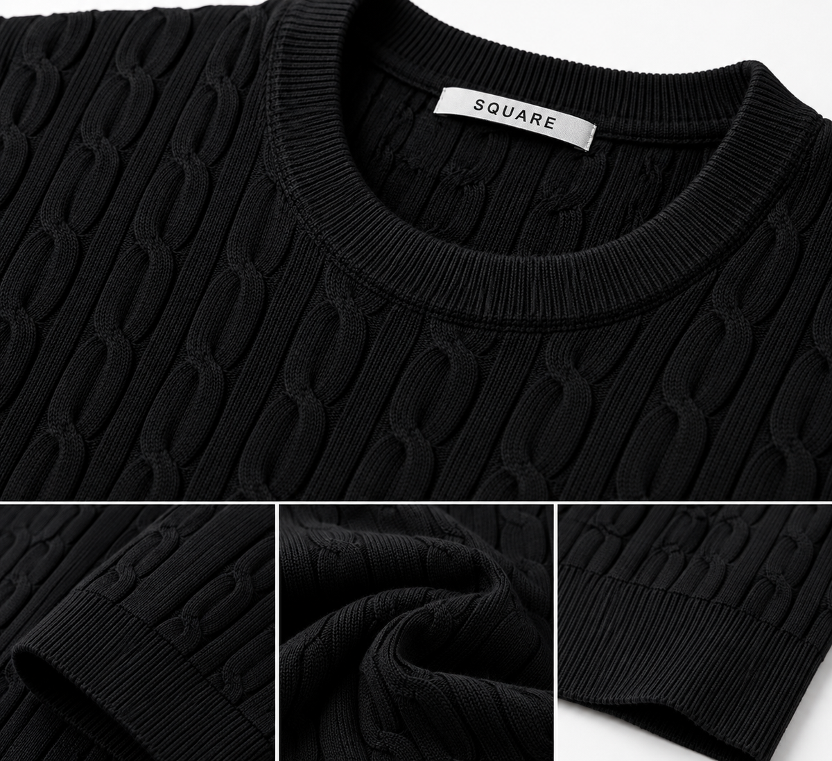 SUARE Men’s Premium Black Cable Knit Crew Neck T-Shirt - SIZE L