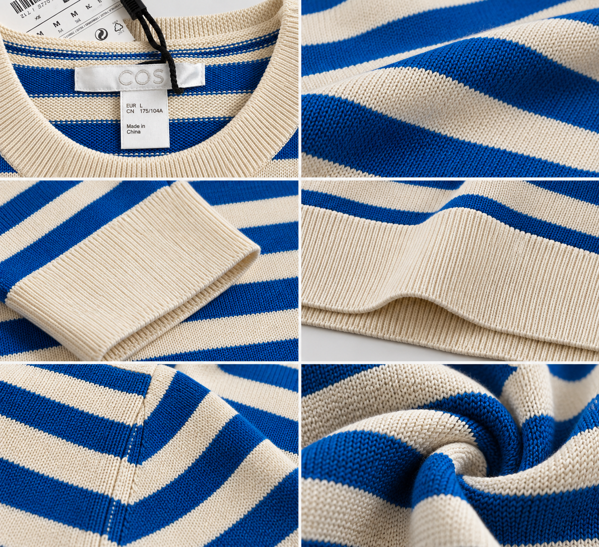COS Men’s Premium Blue & White Striped Knit Crew Neck T-Shirt - SIZE M