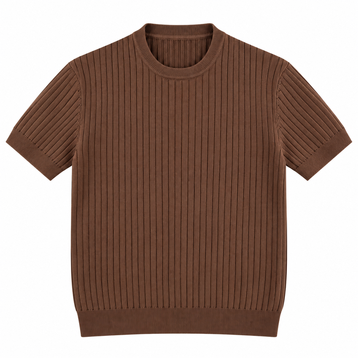 Chocolate Brown Ribbed Knit Short-Sleeve T-Shirt