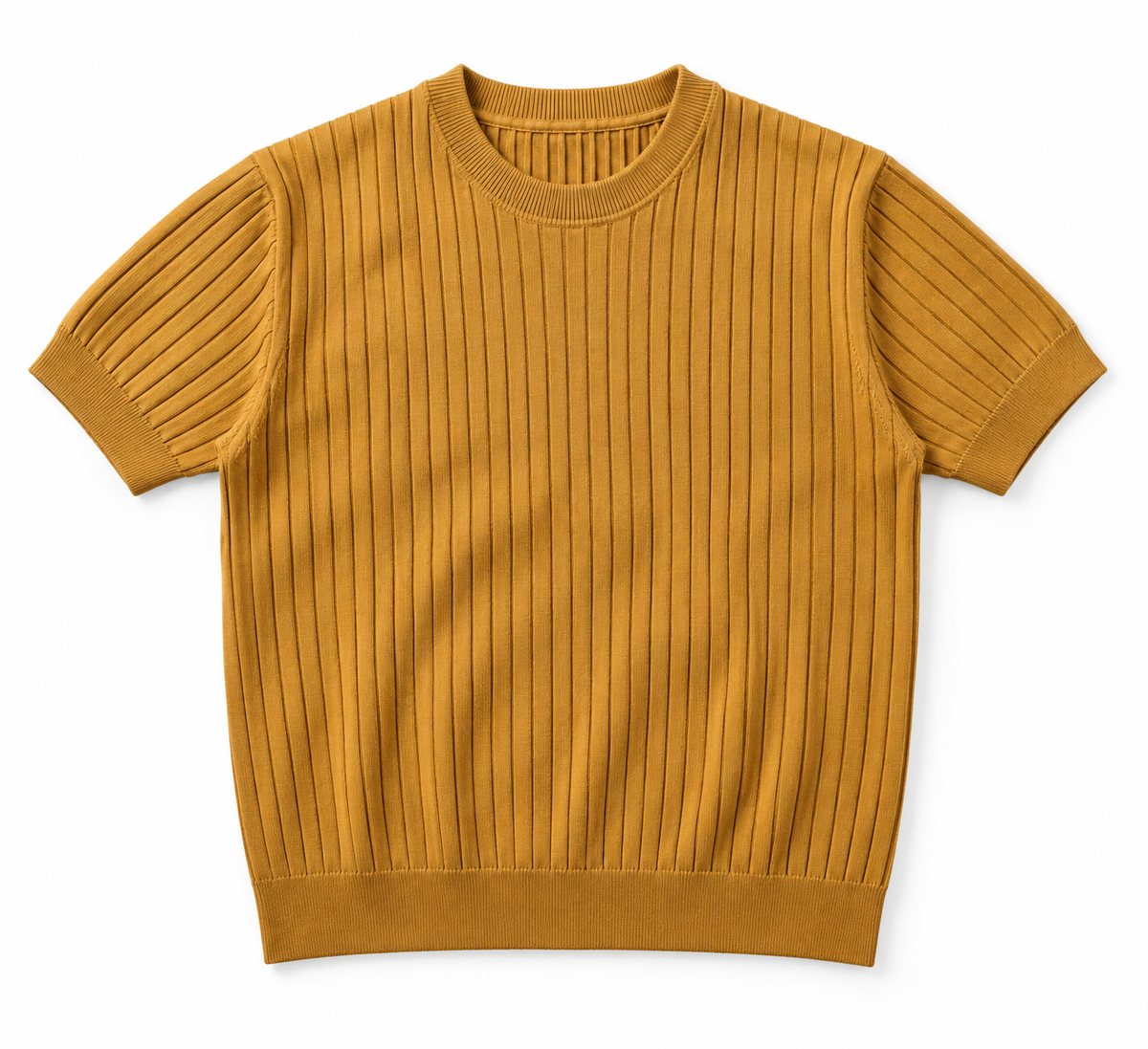 Men’s Mustard Yellow Ribbed Knit Crew Neck T-Shirt- Size M