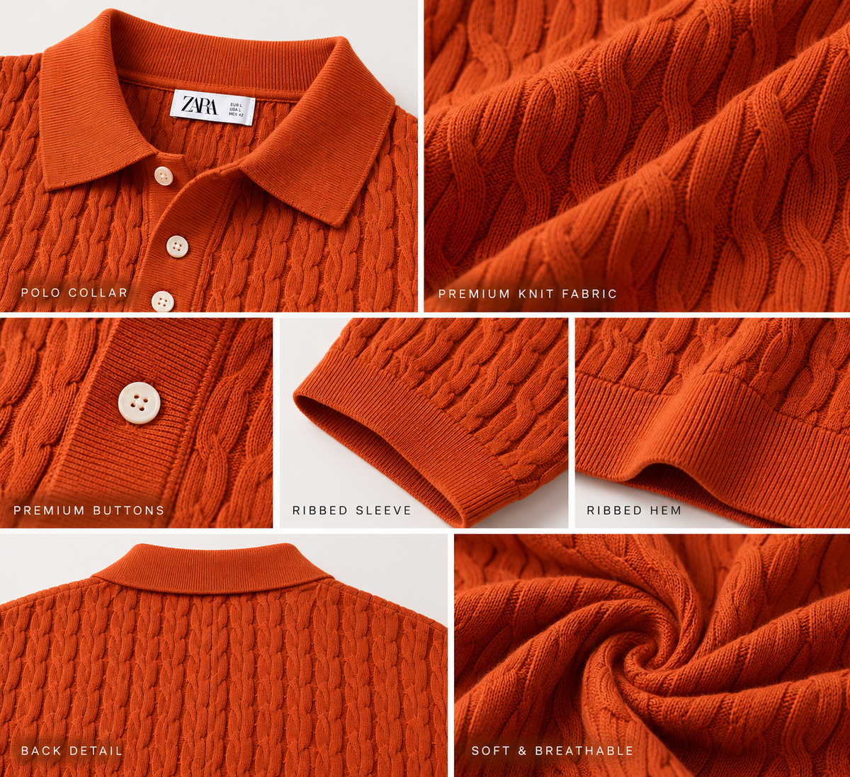 LOGAN Men’s Premium Burnt Orange Cable Knit Polo T-Shirt