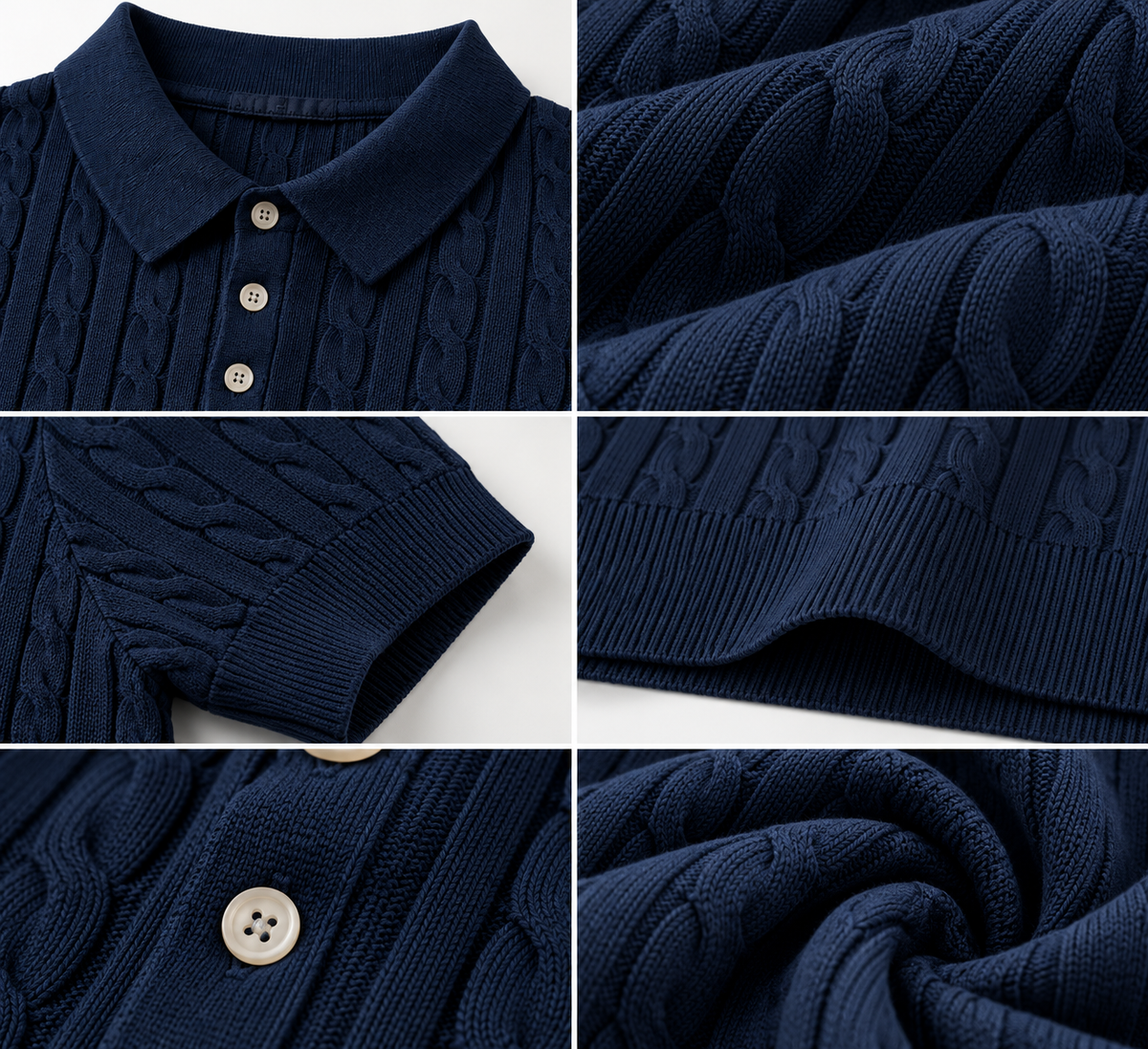 COS Men’s Navy Blue Cable Knit Polo T-Shirt- Size L
