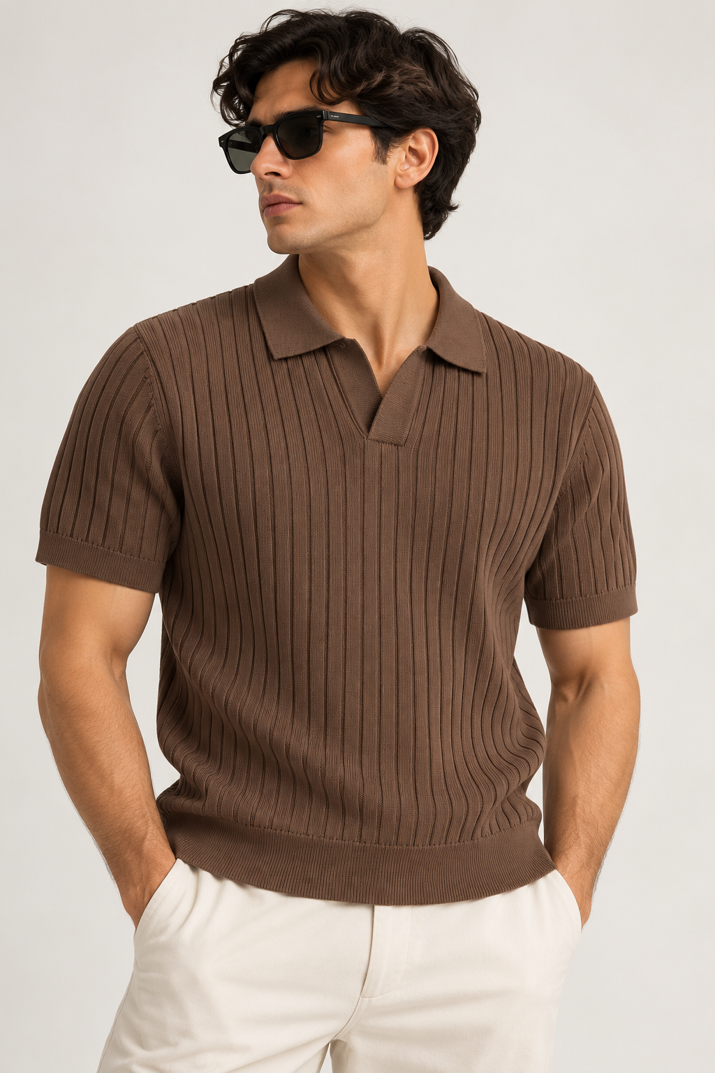 Men’s Brown Ribbed Knit Short Sleeve Polo T-Shirt- Size L