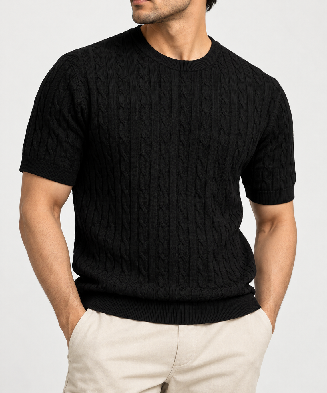 SUARE Men’s Premium Black Cable Knit Crew Neck T-Shirt - SIZE L