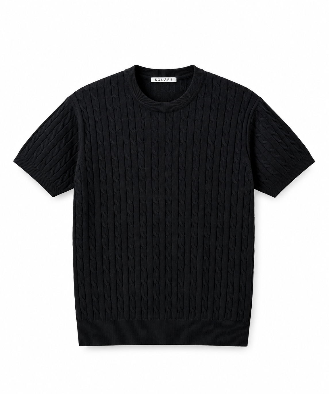 SUARE Men’s Premium Black Cable Knit Crew Neck T-Shirt - SIZE L