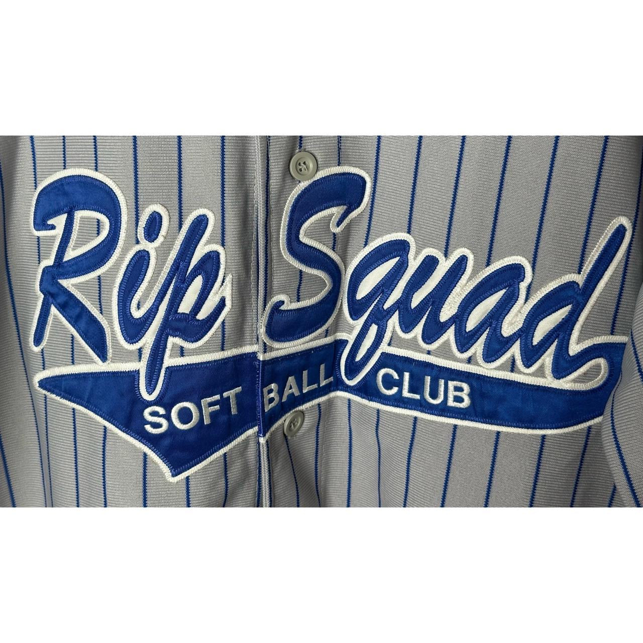 Rip Squad Softball Club Embroidered Grey & Blue Striped Button-Up Baseball Jersey