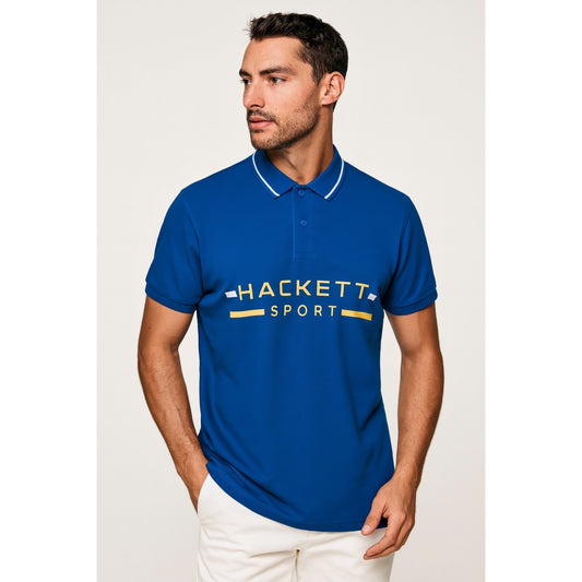 Hackett Premium Sport Polo Tee – Refined Blue with White & Gold Detailing