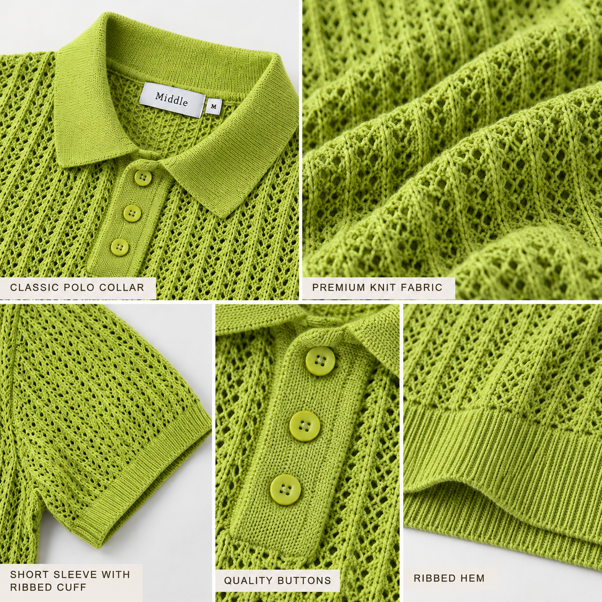 MIDDLE Men’s Lime Green Open-Knit Polo T-Shirt Size XL