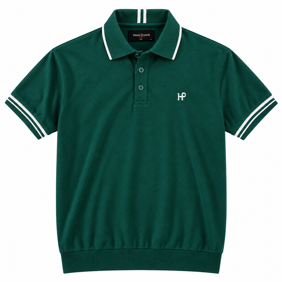 Heal Greek Men’s Premium Dark Green Polo T-Shirt with White Contrast Striped Collar & Cuffs