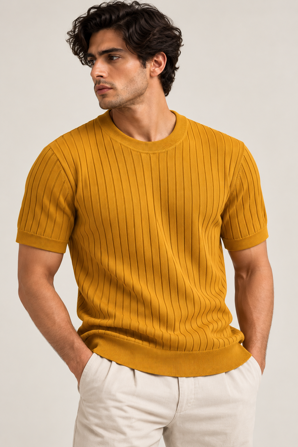 Men’s Mustard Yellow Ribbed Knit Crew Neck T-Shirt- Size M