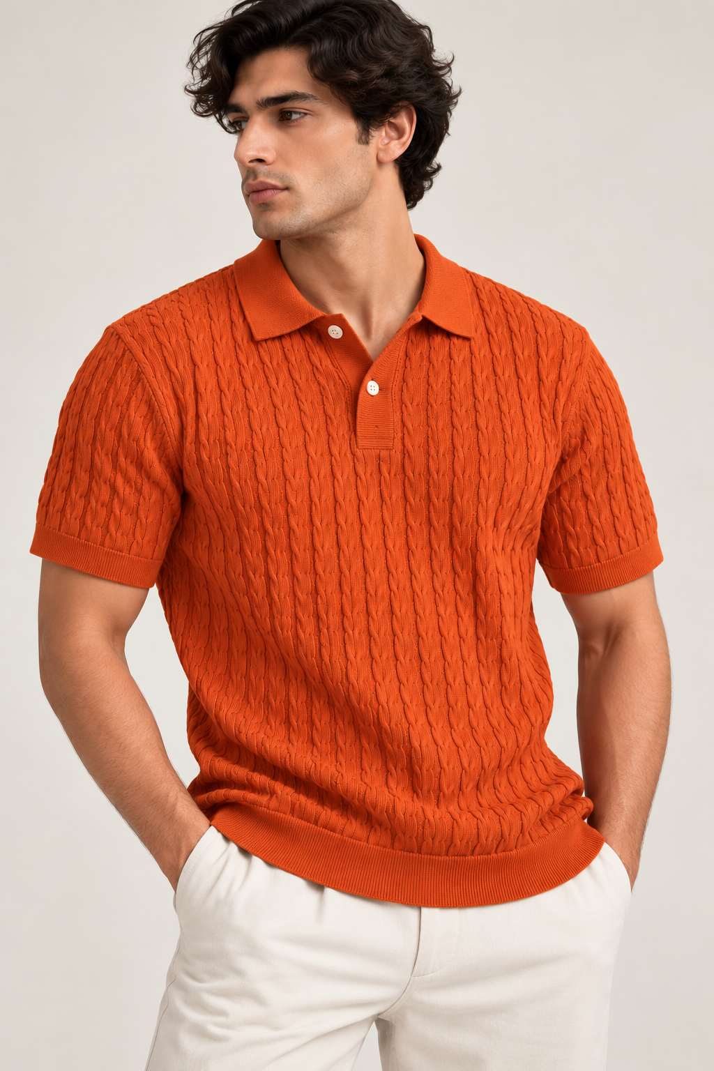 LOGAN Men’s Premium Burnt Orange Cable Knit Polo T-Shirt