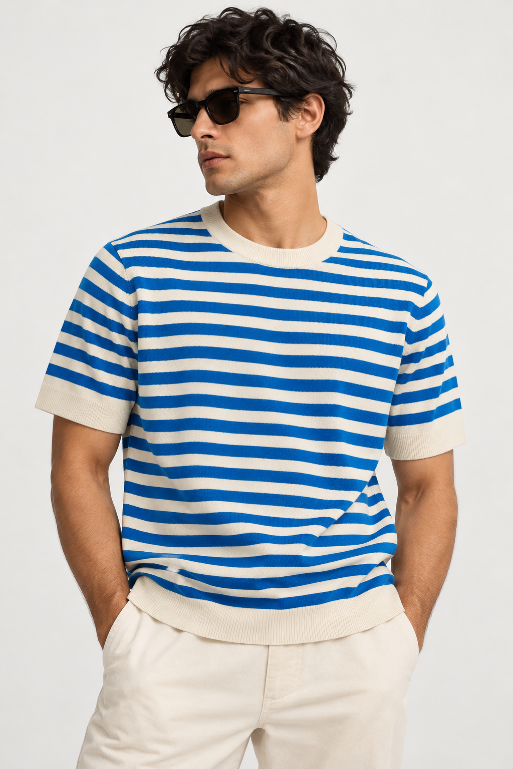 COS Men’s Premium Blue & White Striped Knit Crew Neck T-Shirt - SIZE M