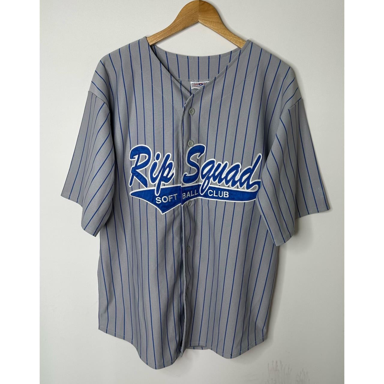 Rip Squad Softball Club Embroidered Grey & Blue Striped Button-Up Baseball Jersey