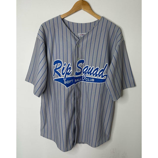 Rip Squad Softball Club Embroidered Grey & Blue Striped Button-Up Baseball Jersey