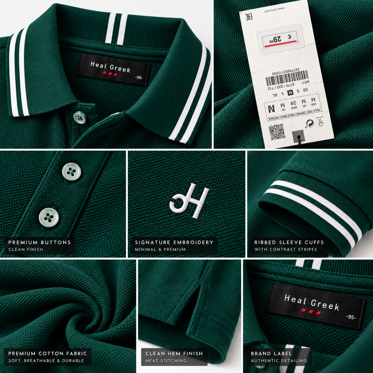 Heal Greek Men’s Premium Dark Green Polo T-Shirt with White Contrast Striped Collar & Cuffs