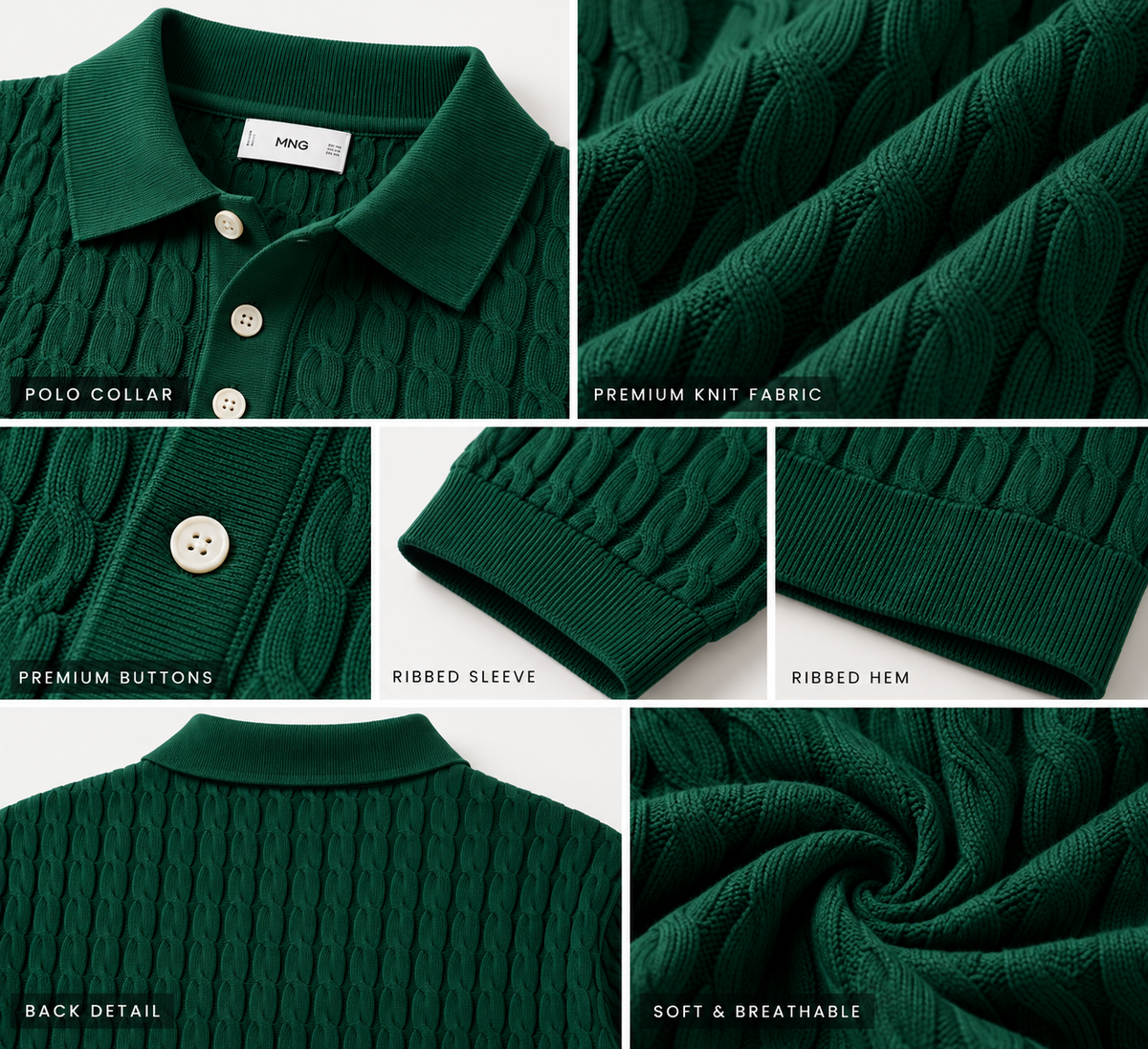 MERGO Men’s Premium Dark Green Cable Knit Polo T-Shirt - Size M