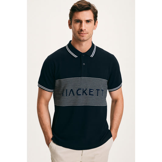 Hackett London Polo – Black with Signature Striped Panel Detailing
