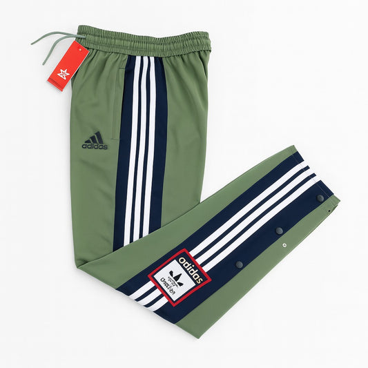 ADIDAS MEN'S GREEN TRACK PANTS WITH SIDE BUTTONS | CLASSIC THREE STRIPES CASUAL SPORTSWEAR TROUSERS