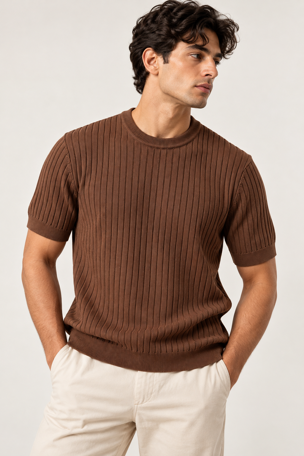 Chocolate Brown Ribbed Knit Short-Sleeve T-Shirt