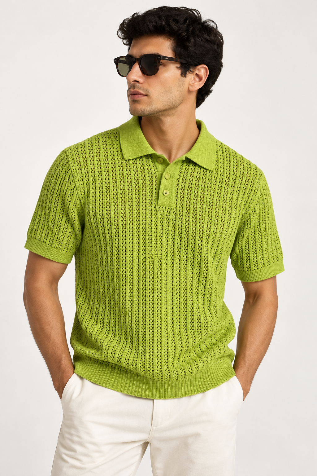 MIDDLE Men’s Lime Green Open-Knit Polo T-Shirt Size XL