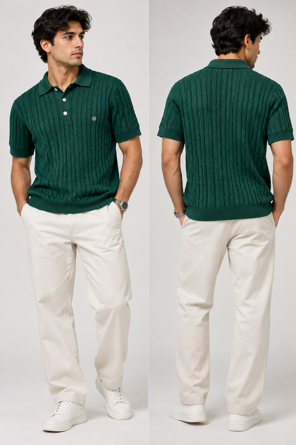 MERGO Men’s Premium Dark Green Cable Knit Polo T-Shirt - Size M
