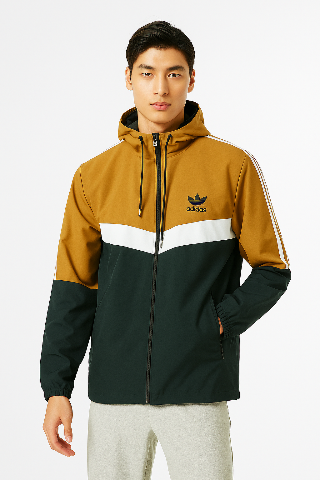 Adidas Originals Water-Resistant Hooded Jacket – Beige, White & Black | Embroidered Logo