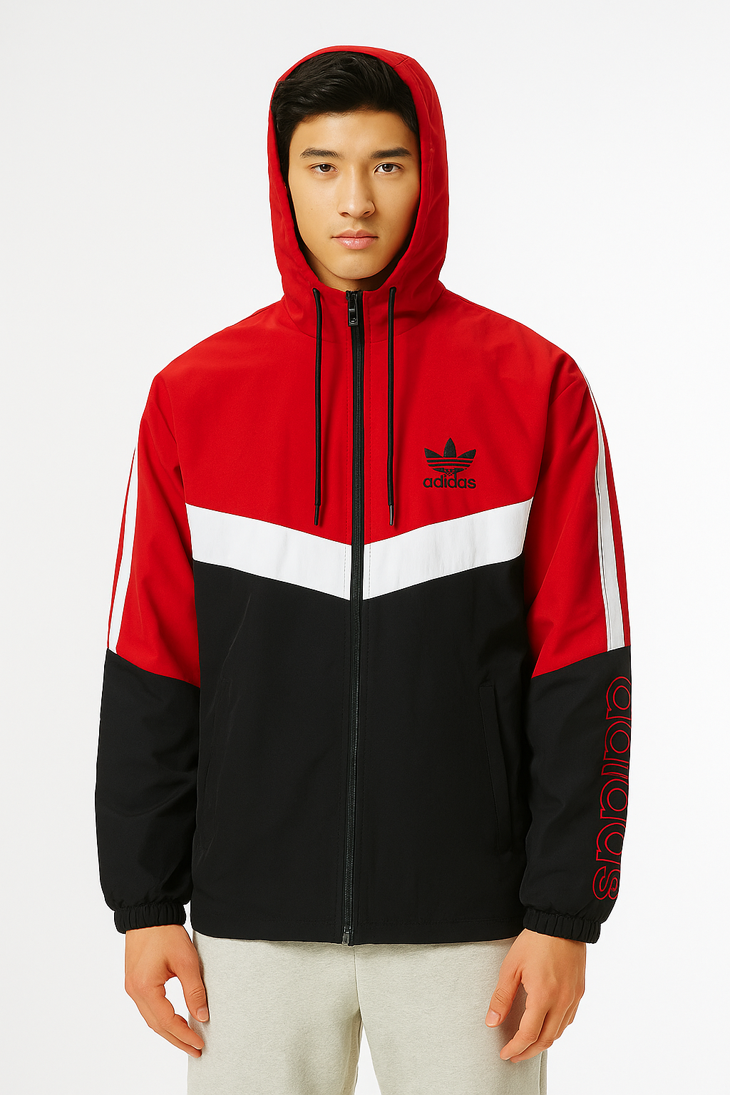 Adidas Originals Men’s Hooded Jacket – Water-Resistant (Red/Black/White)