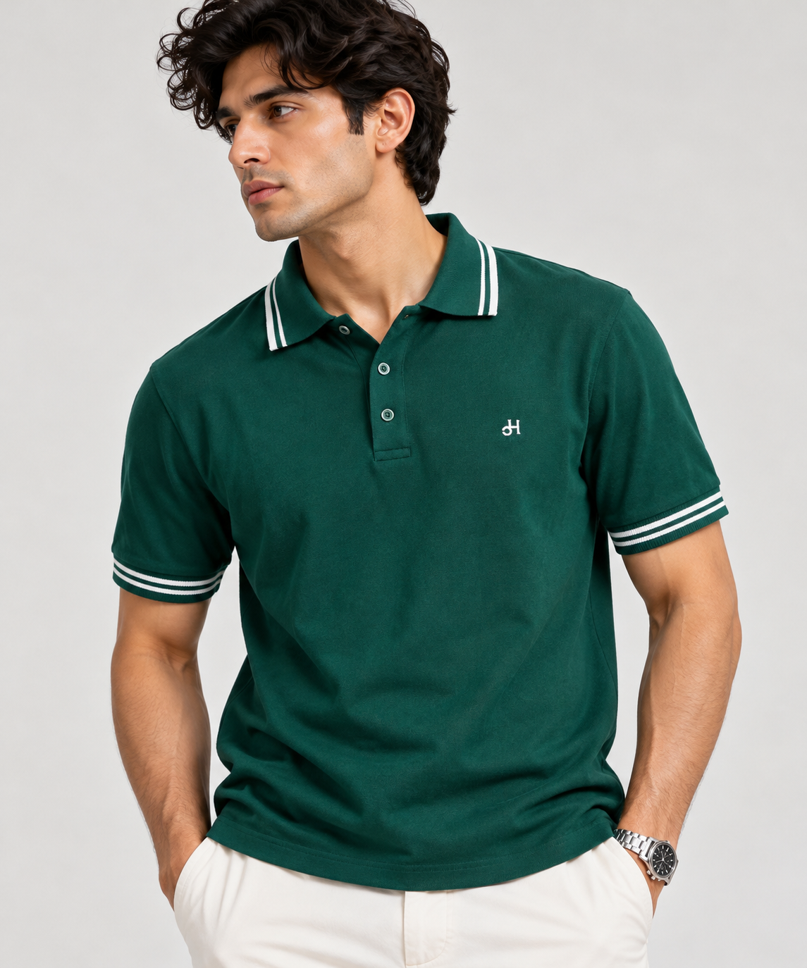 Heal Greek Men’s Premium Dark Green Polo T-Shirt with White Contrast Striped Collar & Cuffs