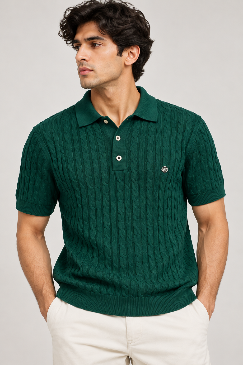 MERGO Men’s Premium Dark Green Cable Knit Polo T-Shirt - Size M